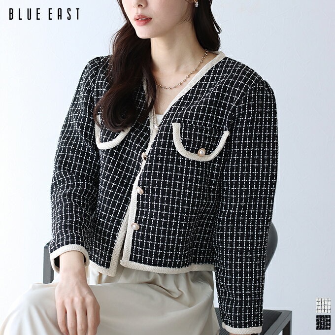 【SALE／30%OFF】ツイードジャケット レディース ジャケット アウター 羽織り カーディガン ツイード チェック柄 ノーカラー カラーレス パールボタン カジュアル おしゃれ セレモニー 卒業式 卒園式 入学式 パーティー 結婚式 オールシーズン ママ BLUEEASTのサムネイル
