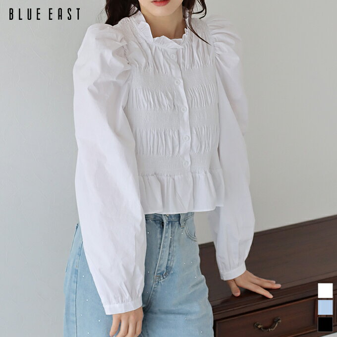 【SALE／39%OFF】ブラウス シャツ レディース トップス 前開き 長袖 スタンドカラー 無地 ギャザー シャーリング フリル パフ袖 パススリーブ ショート丈 クロップド丈 ペプラム 春 夏 かわいい おしゃれ トレンド カジュアル 通勤 オフィス 着回し BLUEEAST【ネコポス】のサムネイル