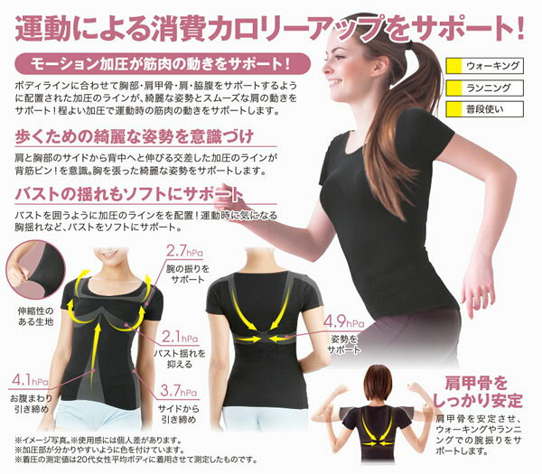 [ ウォーキングパワーシャツ ] 半そで 黒 ブラック 姿勢サポート 女性 筋トレ 引き締め 加圧下着 加圧トレーニング ウェア 補正 引き締め 腹筋 背筋 体幹エクサ レディース　おまけ付き blueheaven-10039249 ブルーヘブン サンプル画像3