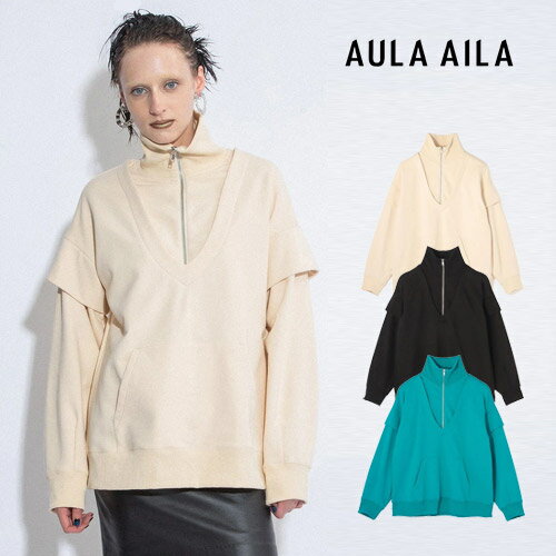 AULA AILA アウラアイラ ハーフジップ スウェット レディース 長袖 ブラック/アイボリー/ターコイズ サイズ0 LAYERED LIKE SWEAT PULLOVER -3.COLOR-