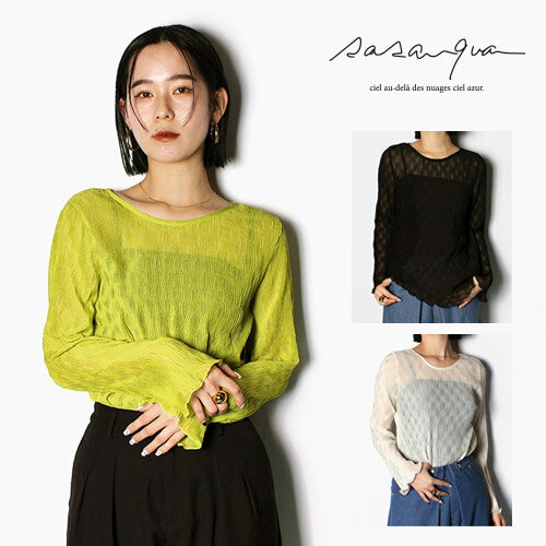 サザンカ SASANQUA シアートップス カットソー レディース 長袖 オフホワイト/ブラック/ライムグリーン フリーサイズ WAVE LINE SHEER TOPS -3.COLOR-