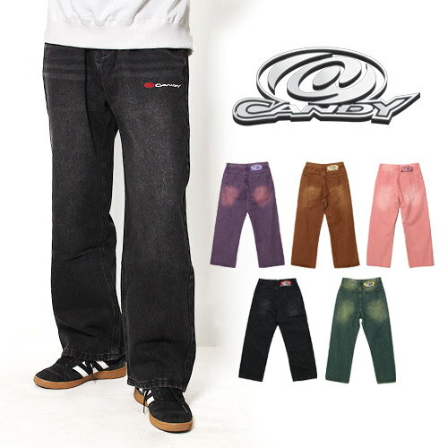 @CANDY アキャンディ デニムパンツ ジーンズ ジーパン メンズ ワイドシルエット Y2K インディゴ/ブラック/ピンク/パープル/ブラウン M-XL LOGO DENIM PANTS