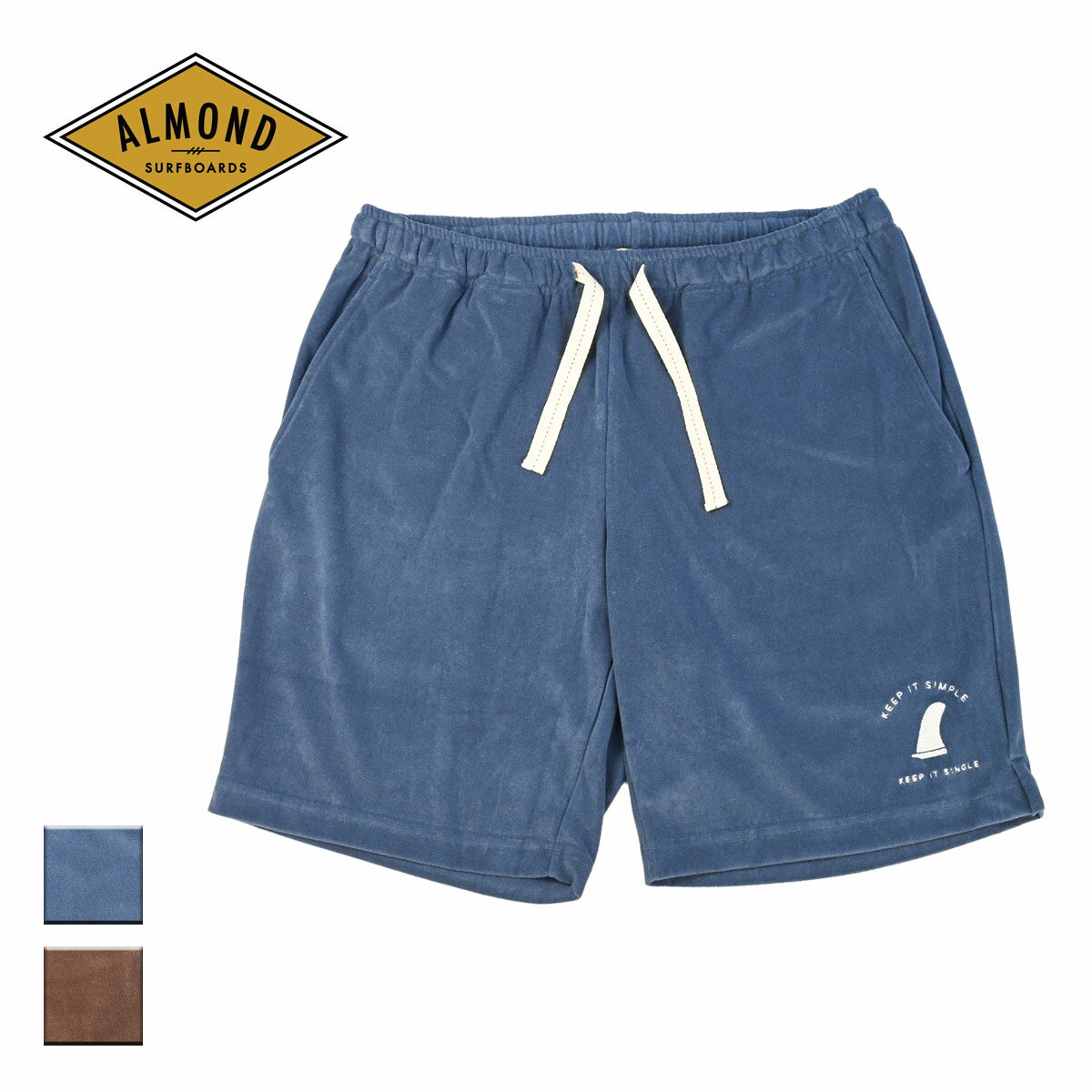 Almond Surf アーモンドサーフボードデザイン MICROPILE SHORTS メンズ/レディース ネイビー/ブラウン S-L GF7004【ショーツ ショートパンツ パンツ ハーフパンツ 短パン 半ズボン ルームウェア 日本製 パイル パイル地 リゾート サーフ ブランド おしゃれ 茶色 紺】