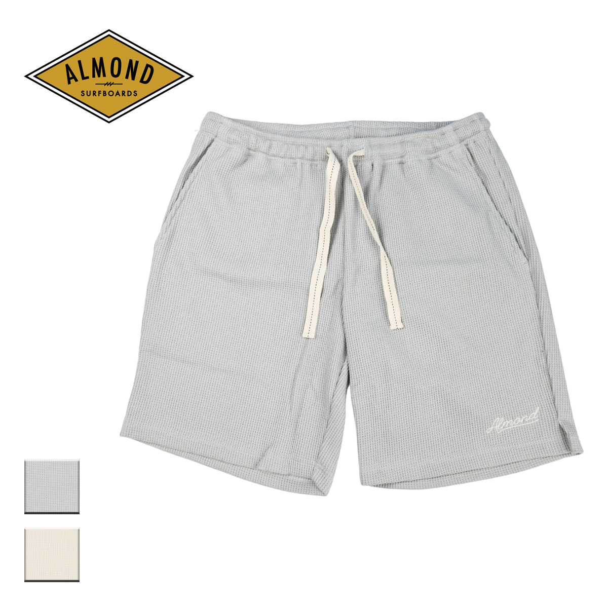 Almond Surf アーモンドサーフボードデザイン ORGANIC WAFFLE SHORTS メンズ/レディース グレー/オフホワイト S-L GF7005【ショーツ ショートパンツ パンツ ハーフパンツ ルームウェア 日本製 オーガニックコットン ワッフル サーフ ブランド おしゃれ 生成り】