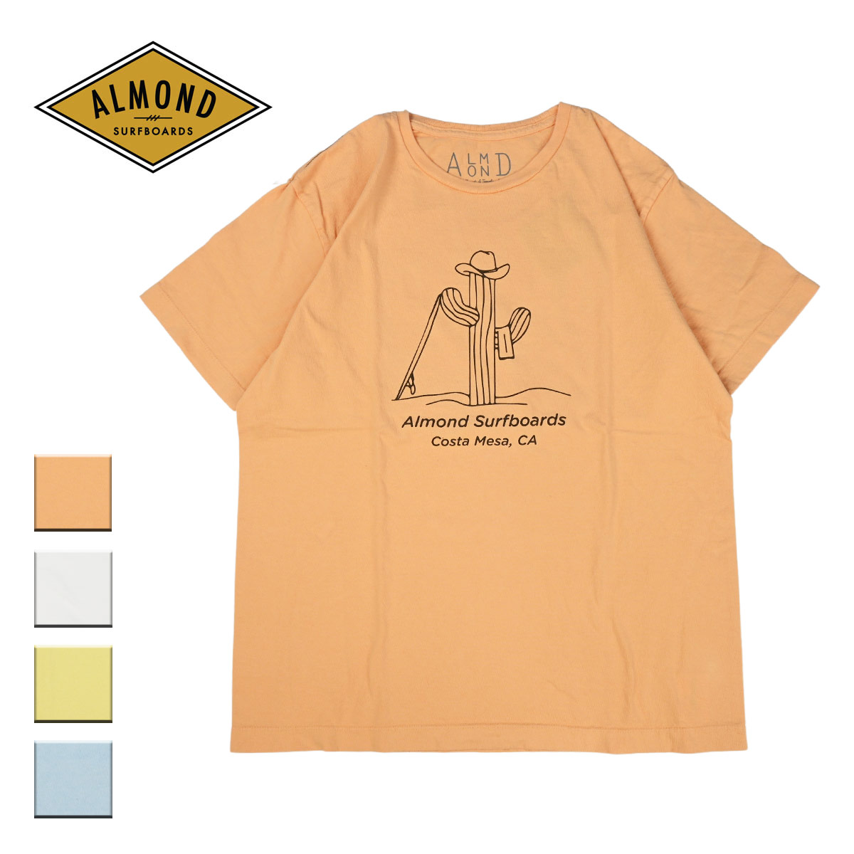 Almond Surf アーモンドサーフ DECADES メンズ/レディース オレンジ/ホワイト/イエロー/ベイビーブルー S-XL TS1005【Tシャツ 半袖 半袖Tシャツ サボテン 植物 くすみ くすみカラー USAコットン 日本製 サーフ おしゃれ ブランド 白 黄色 水色】