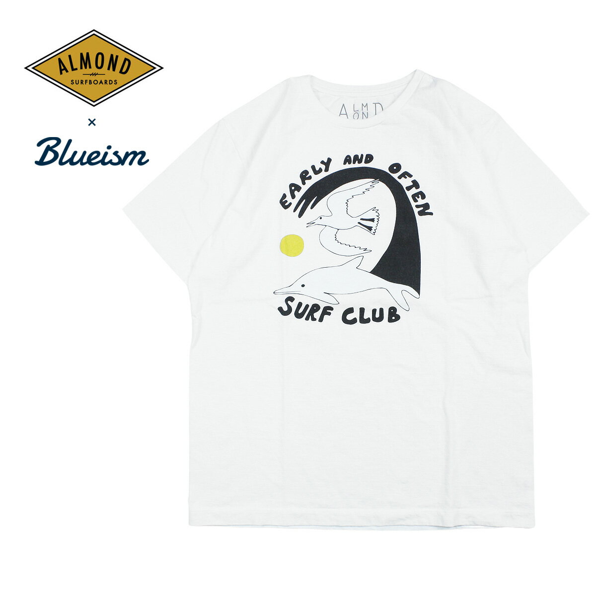 【セール】【50%OFF】【別注カラー】Almond Surf アーモンドサーフ SURF CLUB メンズ/レディース ホワイト S-XL【Tシャツ 半袖 半袖Tシャツ 別注 イラスト カモメ イルカ 海 USAコットン アメリカ綿 日本製 サーフ サーフブランド おしゃれ ブランド 白】