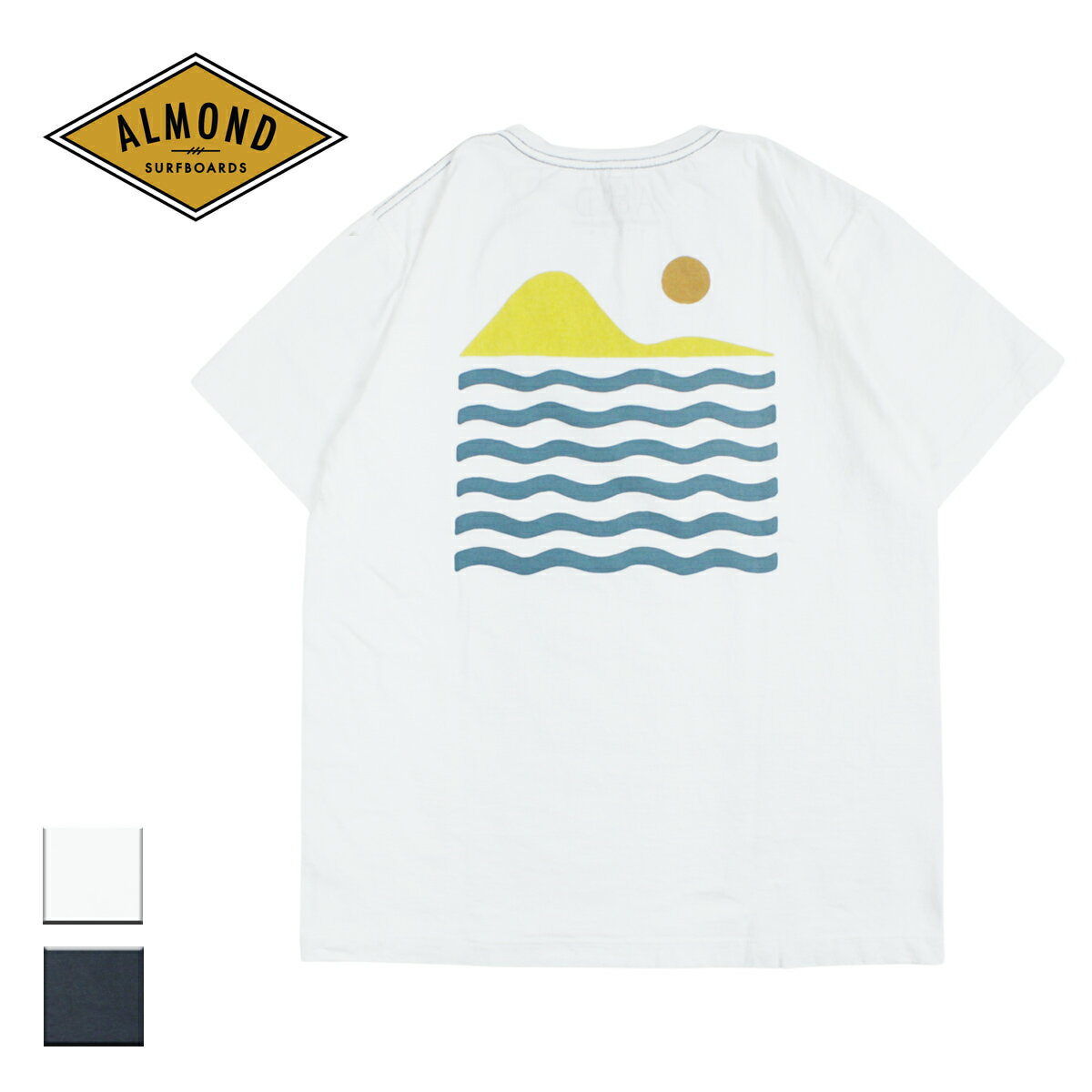 Almond Surf アーモンドサーフ ISLAND メンズ/レディース ホワイト/ブラック S-XL TS2218【Tシャツ 半袖 半袖Tシャツ 胸ロゴ ロゴ バックプリント パームツリー ヤシの木 ヤシ 海 太陽 イラスト USAコットン 日本製 サーフ おしゃれ ブランド 白 黒】