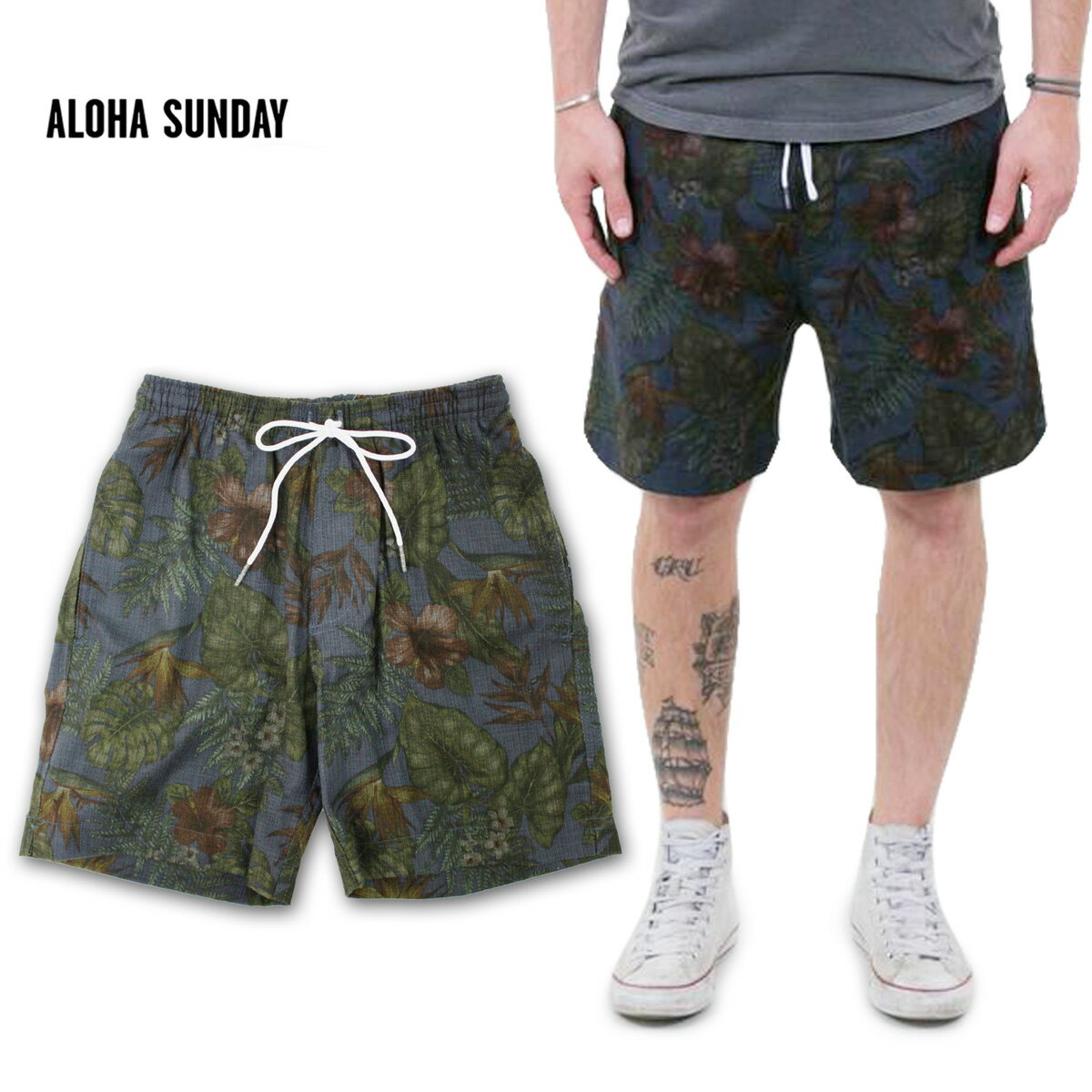 ALOHA SUNDAY アロハサンデー KOHALA ショートパンツ メンズ ネイビーXトロピカル XS-M