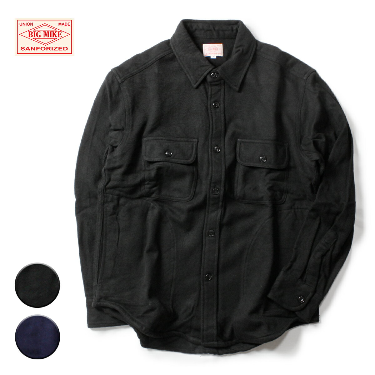 BIG MIKE ビッグマイク HEAVY FLANNEL SHIRTS メンズ ブラック/ネイビー 101935209 S-XL【フランネルシャツ 長袖 シャツ ネルシャツ ワークシャツ ヘビーウェイト 無地 カジュアル ブランド アメカジ 黒 紺】