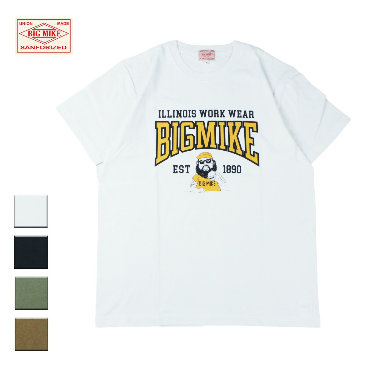 BIG MIKE ビッグマイク MIKE COLLEGE S/S TEE メンズ/レディース ホワイト/ブラック/オリーブ/キャメル M-XL【Tシャツ 半袖 カットソー ヘビーウェイト イラスト おじさん キャラクター ポップ おしゃれ ブランド アメカジ アメカジブランド 白 黒 カーキ 茶色】