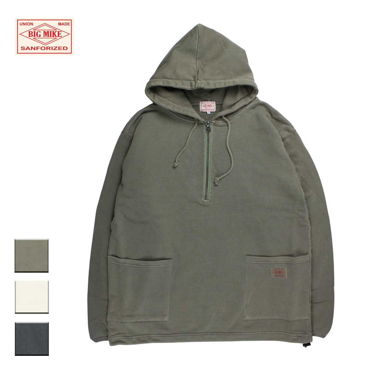 BIG MIKE ビッグマイク PIGMENT W POCKET HALFZIP HOODIE メンズ/レディース サンドカーキ/ナチュラル/ブラック M-L