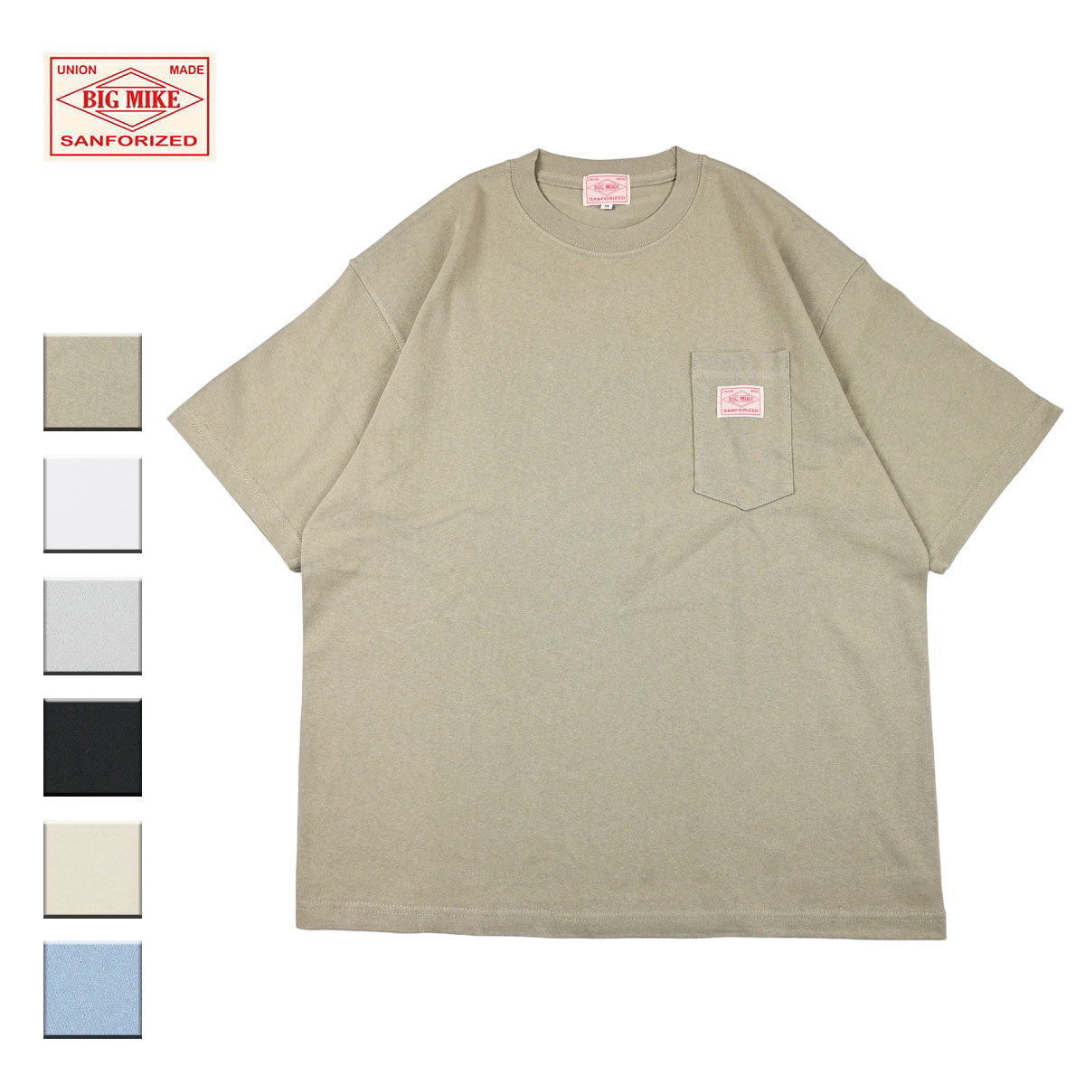 BIG MIKE ビッグマイク HEAVY WIDE SUNGLASSES POCKET S/S TEE メンズ/レディース サンド/ホワイト/ライトグレー/ブラック/ナチュラル/サックスブルー M-XL【Tシャツ Tシャツ 半袖 半袖Tシャツ ポケット おしゃれ ブランド アメカジ 白 黒 ベージュ 生成り 青】