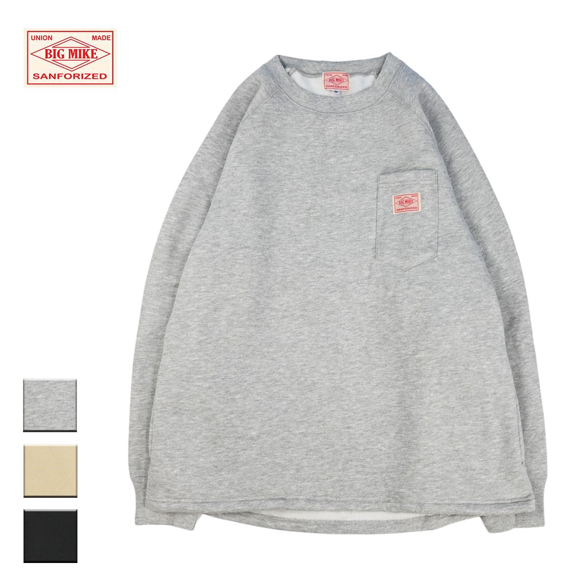 BIG MIKE ビッグマイク SUNGLASSES POCKET CREW SWEAT メンズ/レディース アッシュ/サンド/ブラック M-XL【トレーナー スウェットトレーナー スウェット 裏起毛 ポケット サングラスポケット ブランド おしゃれ アメカジ グレー ベージュ 黒】