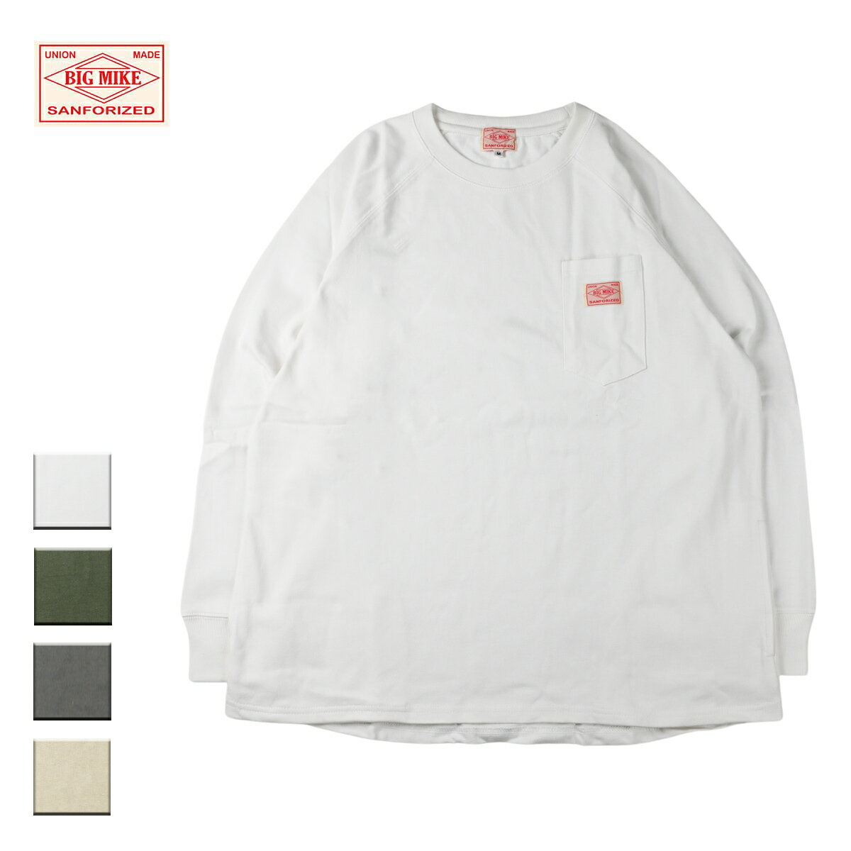 BIG MIKE ビッグマイク US COTTON 10oz SUNGLASSES POCKET L/S TEE メンズ/レディース ホワイト/オリーブ/チャコール/サンド M-XL【Tシャツ 長袖 長袖Tシャツ ポケット USコットン アメリカ綿 おしゃれ ブランド アメカジ グレー 白 カーキ ベージュ】