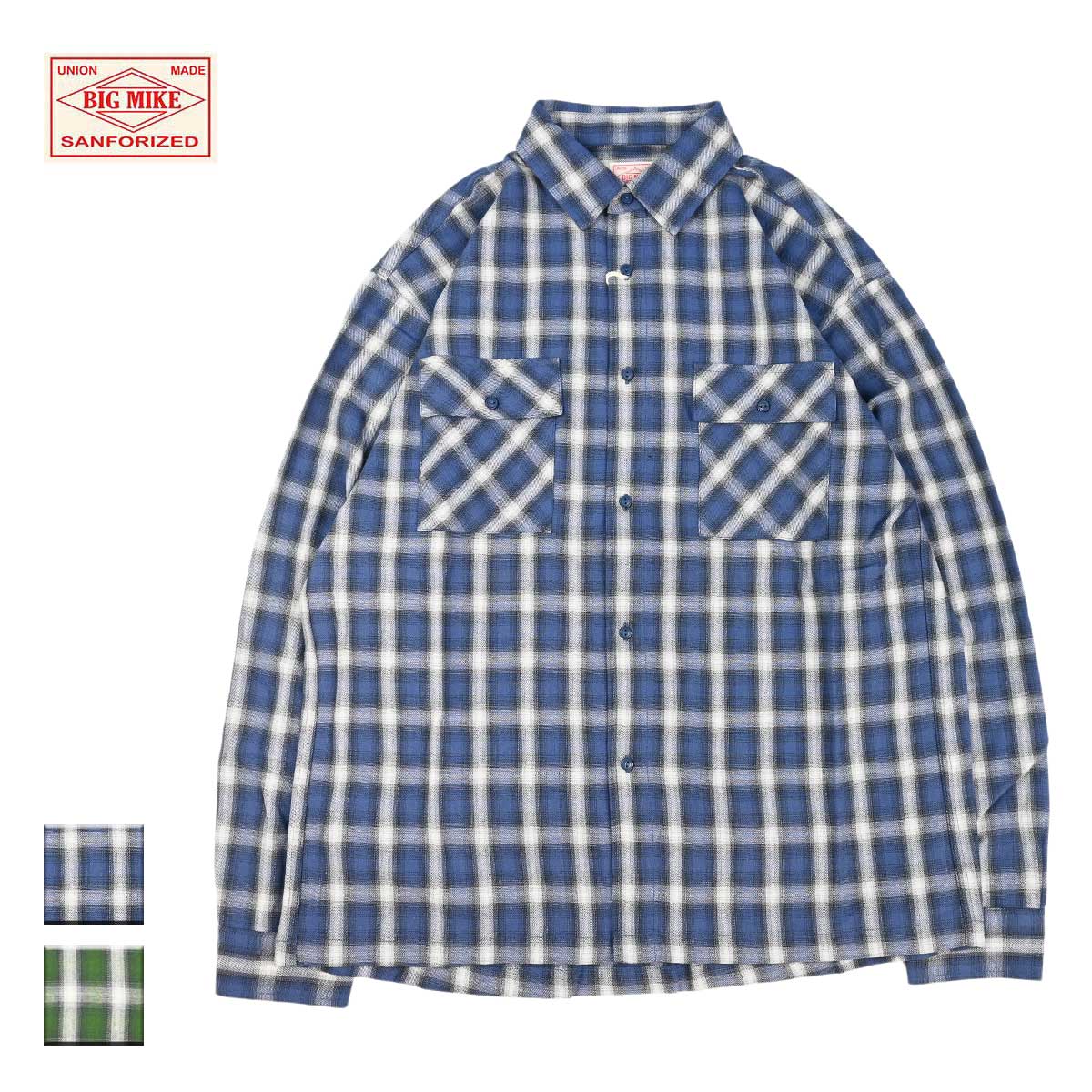 BIG MIKE ビッグマイク OMBRE CHECK L/S SHIRTS メンズ ブルー/グリーン M-XL【チェックシャツ シャツ 長袖 ワークシャツ チェック チェック柄 カジュアル おしゃれ ブランド アメカジ アウトドア アメカジブランド ワークブランド 青 緑】