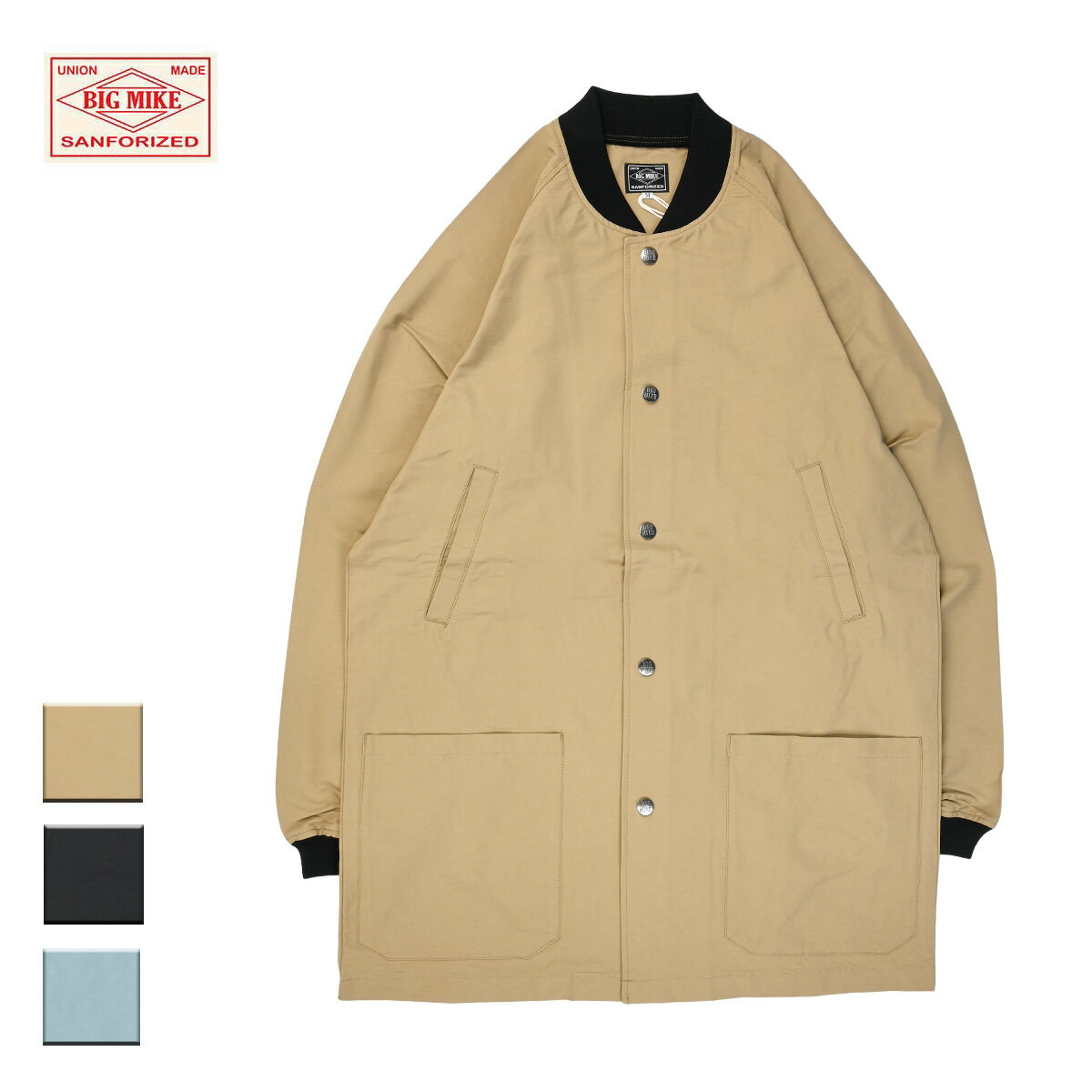 BIG MIKE ビッグマイク Spring Nylon Half Coat メンズ ベージュ/ブラック/サックスブルー M-XL【スプリングコート コート ロングコート アウター ライトアウター 撥水 無地 シンプル おしゃれ ブランド アメカジ アウトドア アメカジブランド 茶色 黒 水色】