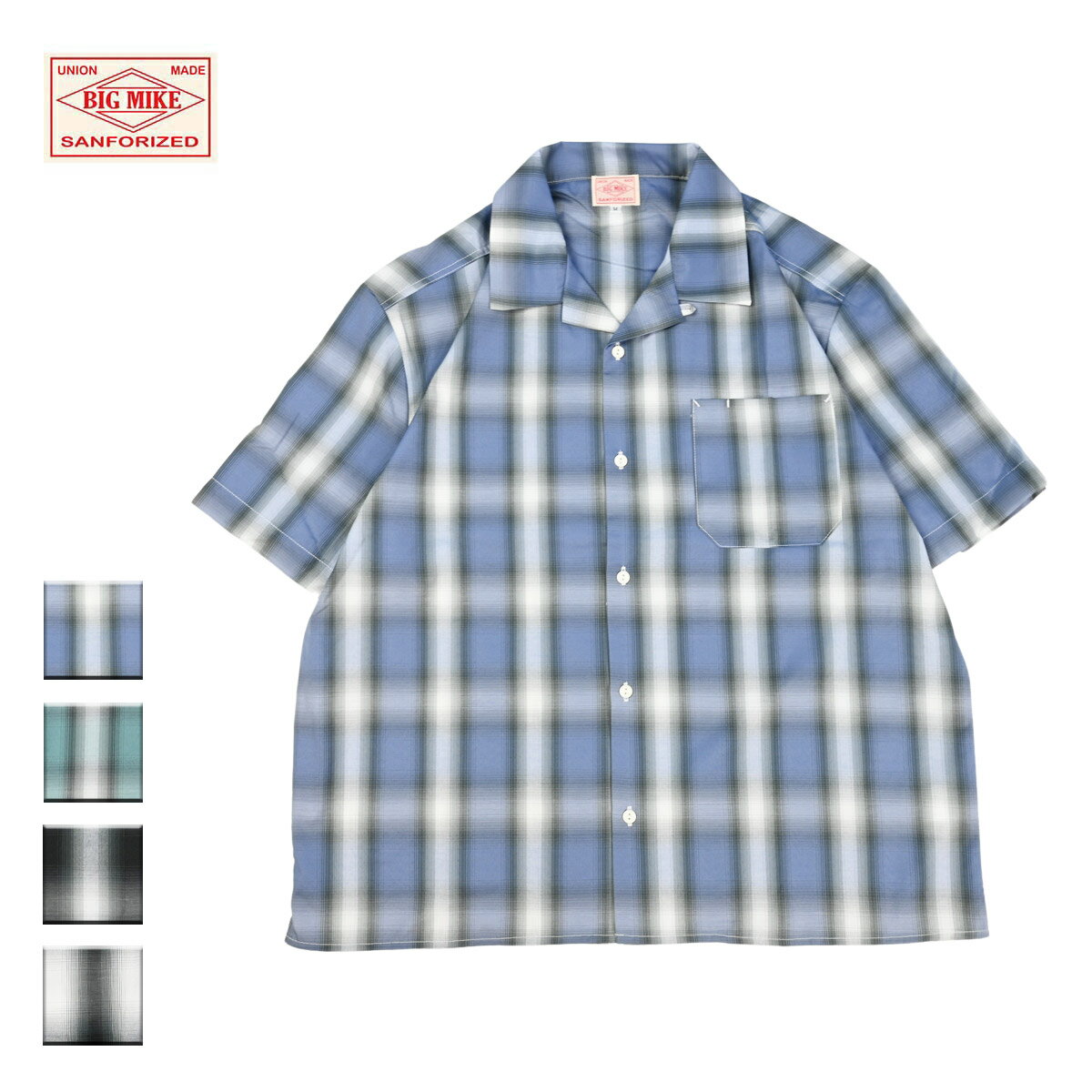 BIG MIKE ビッグマイク Ombre Check Shirts メンズ ブルー×ホワイト/ミント×ホワイト/ブラック×ホワイト/ホワイト×グレー M-XL【チェックシャツ シャツ 半袖 ワークシャツ チェック チェック柄 おしゃれ ブランド アメカジ アメカジブランド 青 緑 黒 白】