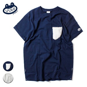 feel so easy/Reused Product Fin Pocket Tee Towel Pocket メンズ/レディース ネイビー/ホワイト M-XL【Tシャツ 半袖 フィン ポケット タオル タオル生地 ボタン ポケT 胸ポケット カットソー ヴィンテージ サーフ ブランド 紺 白】