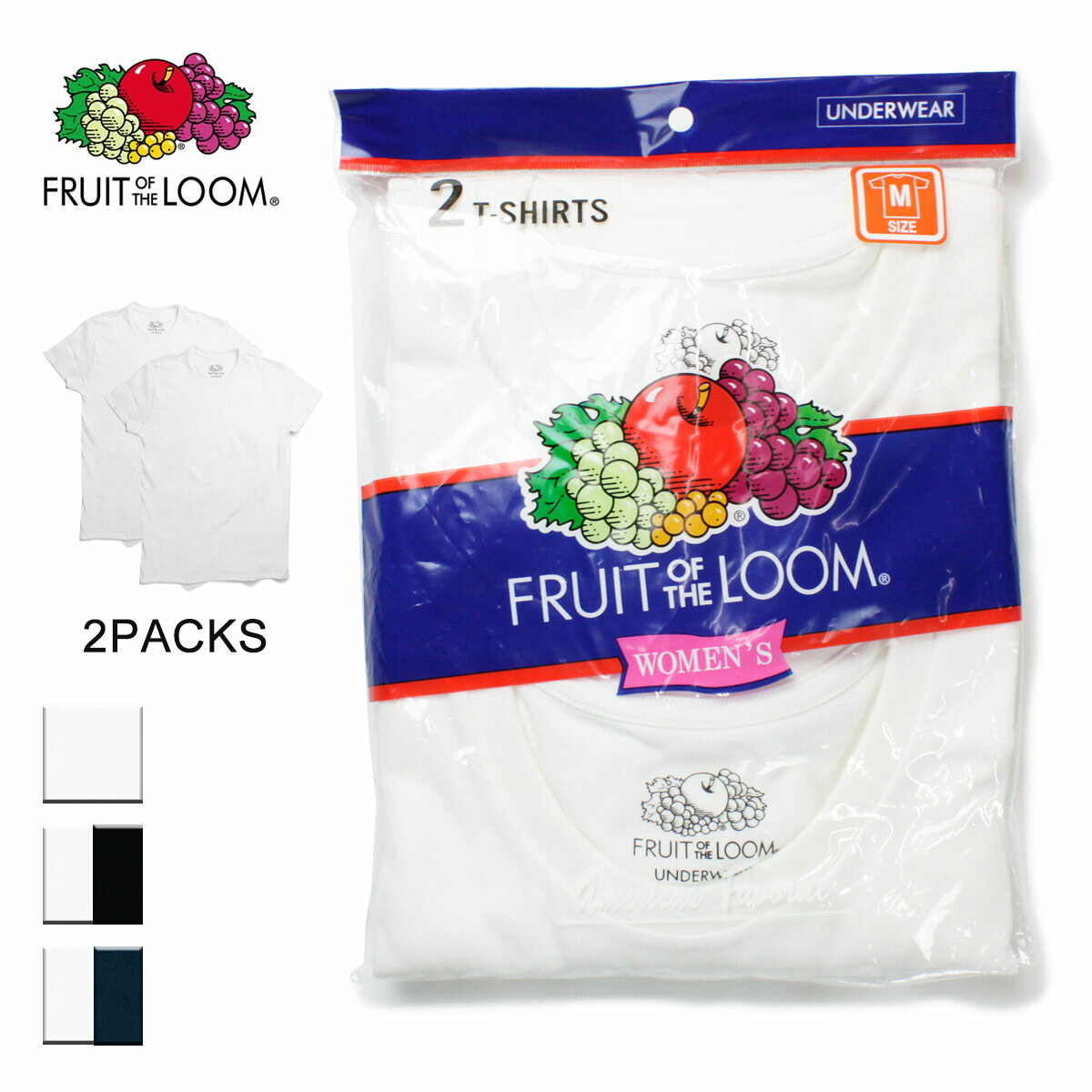 Fruit of the Loom フルーツオブザルーム クルーネックコットンTシャツ 2PACK レディース ホワイト×ホワイト/ホワイト×ブラック/ホワイト×ネイビー S-M