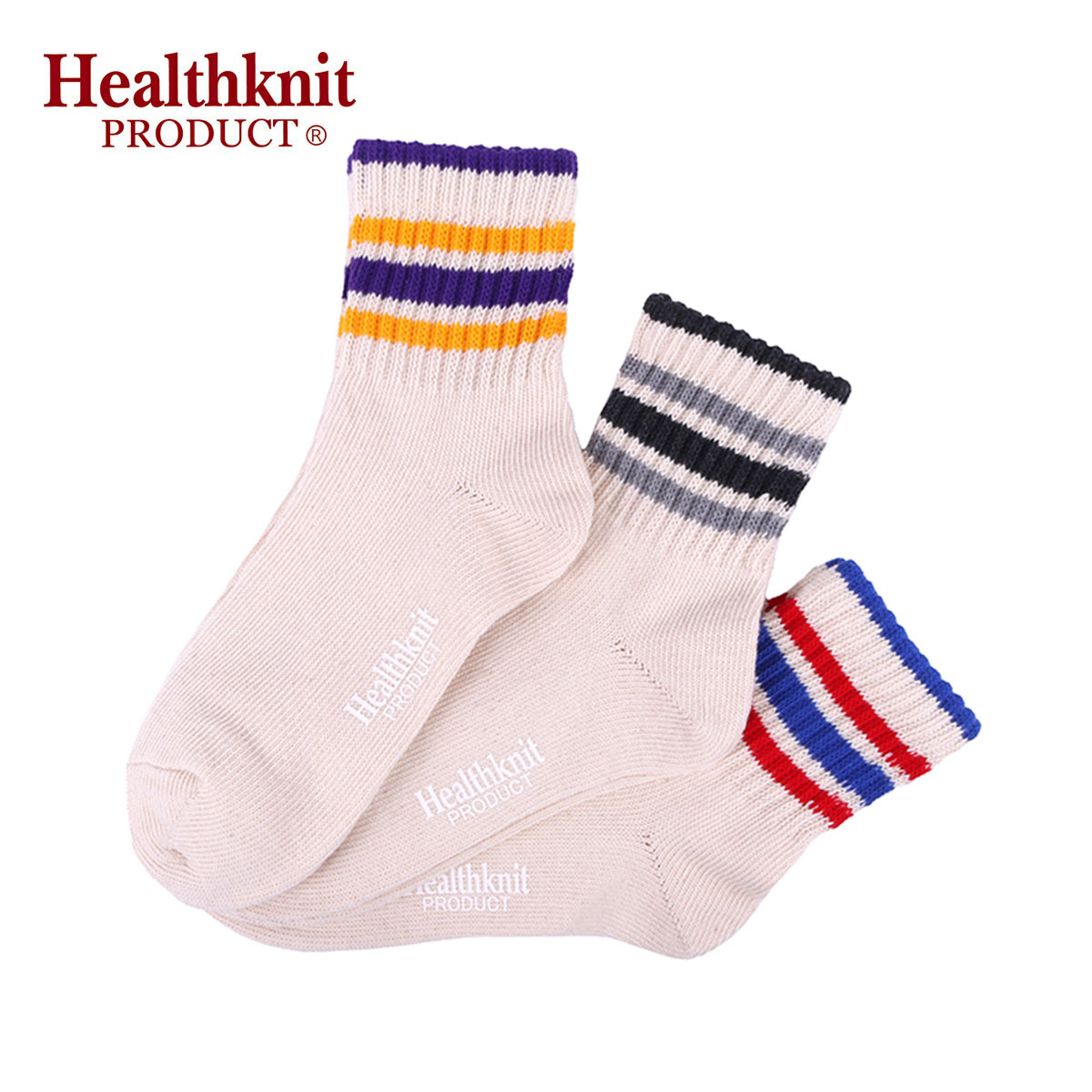 Healthknit Product ヘルスニットプロダクト 3P クォーターソックス メンズ レトロ配色ライン FREE 25-27cm