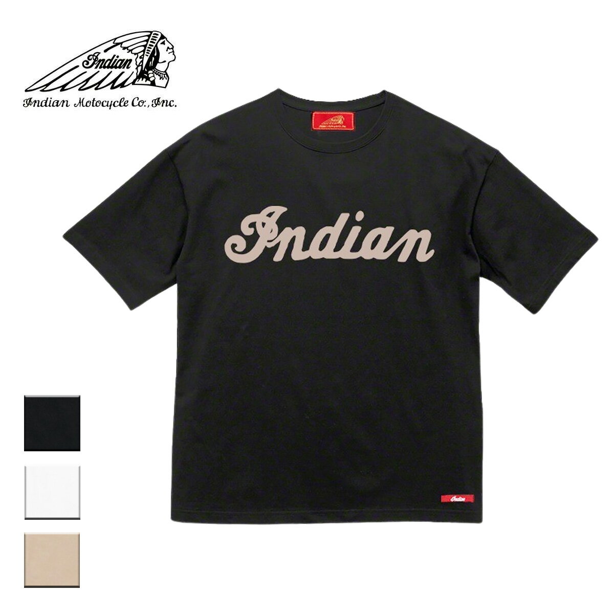 Indian インディアン S/S T-shirt Flocky Logo メンズ/レディース ブラック/ホワイト/サンドカーキ M-L