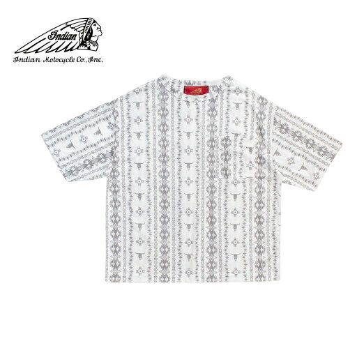 【送料無料】 Indian インディアン ALL OVER PRINT TEE LONGHORN STRIPE メンズ/レディース ビンテージアイボリー M-L 【インディアンモトサイクル インディアンモーターサイクル Tシャツ 半袖 総柄 ロングホーン ナバホ ブランド ネイティブアメリカン 白 ホワイト】
