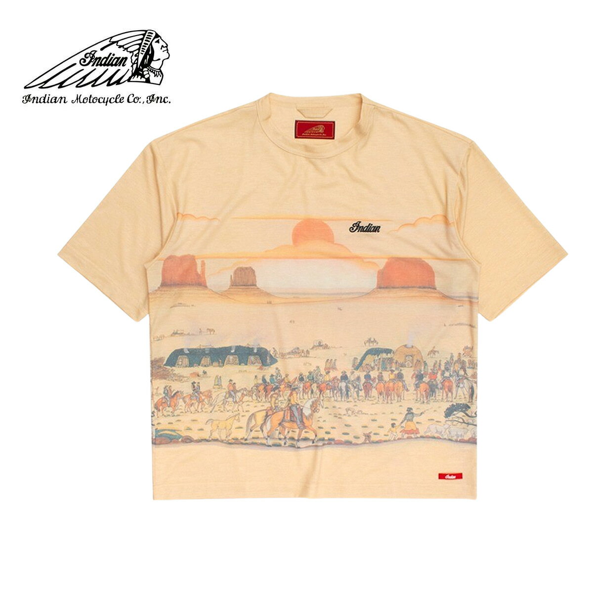 Indian インディアン ALL OVER PRINT T-shirt MEETS INDIAN メンズ/レディース ベージュ M-L 【インディアンモトサイクル インディアンモーターサイクル Tシャツ 半袖 モニュメントバレー イラスト イラストT おしゃれ ブランド ネイティブアメリカン】