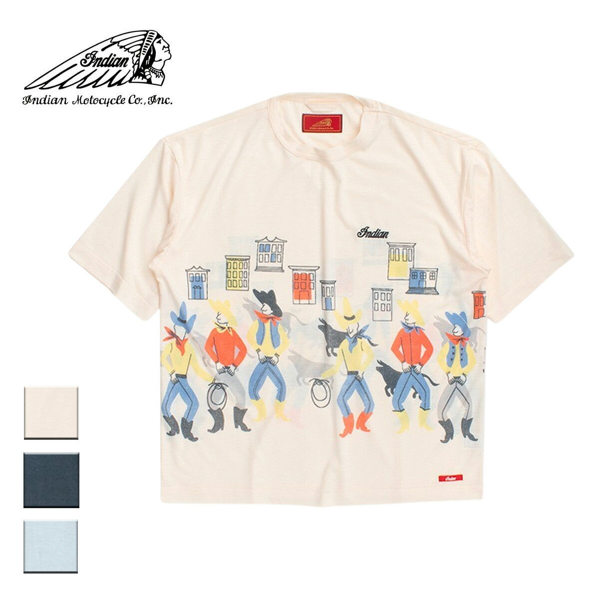 Indian インディアン ALL OVER PRINT T-shirt CITY COWBOY メンズ/レディース アイボリー/ブラック/サックスブルー M-L 【インディアンモトサイクル インディアンモーターサイクル Tシャツ 半袖 カウボーイ おしゃれ ブランド ネイティブアメリカン 黒 水色】