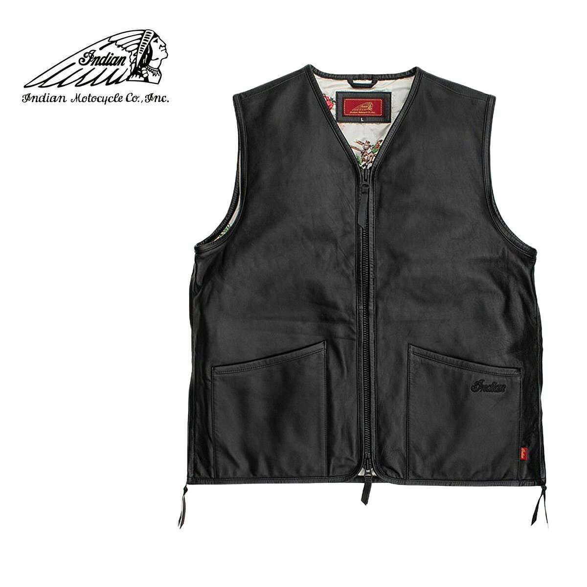 Indian インディアン Leather vest メンズ/レディース ブラック M-XL【インディアンモトサイクル インディアンモーターサイクル レザーベスト ベスト 本革 革 羊革 裏地 カウボーイ柄 カウボーイ シープスキン レザー ノースリーブ おしゃれ ブランド 黒】