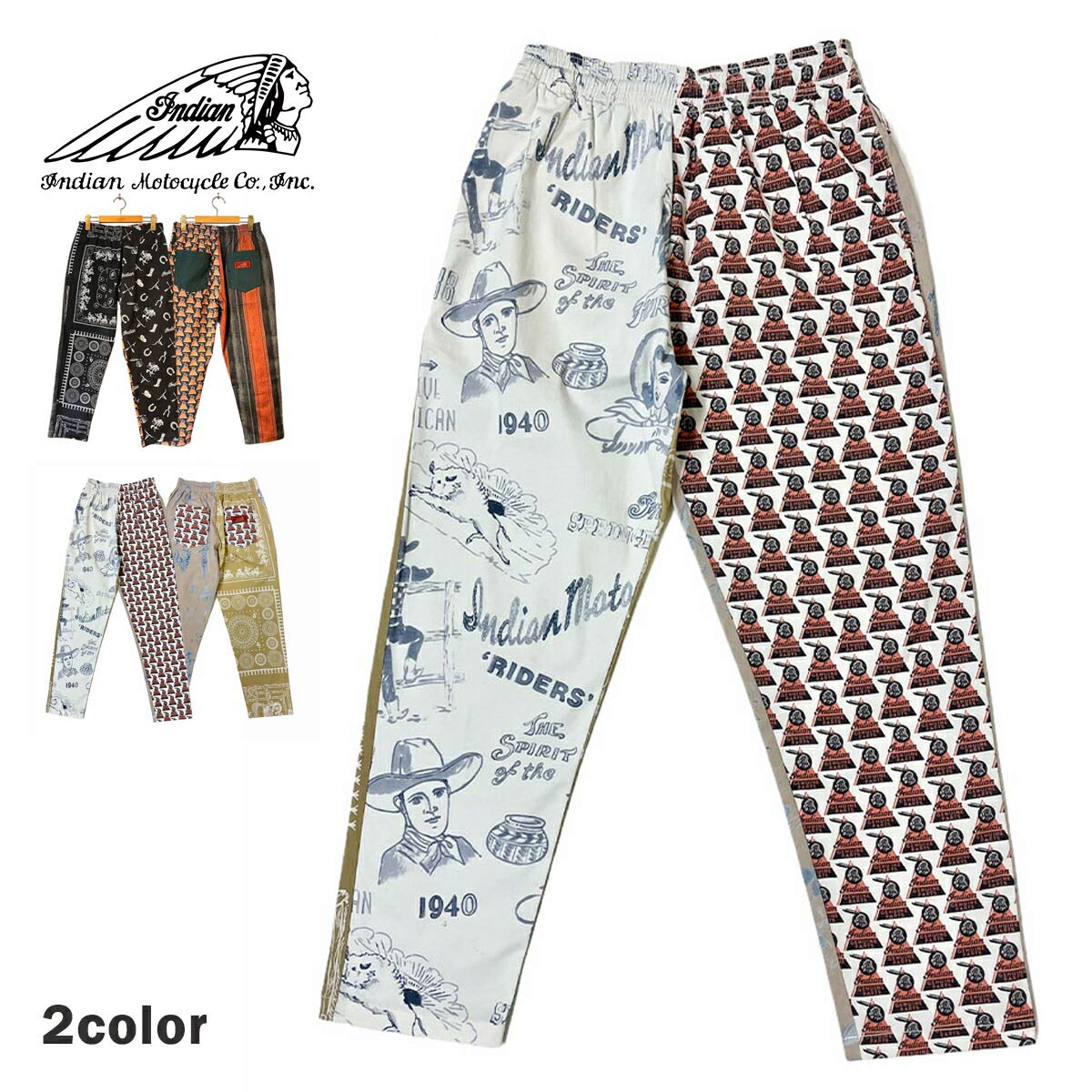 Indian インディアン Garage Pants クレイジーパターン メンズ/レディース ベージュ/ブラック S-L【インディアンモトサイクル インディアンモーターサイクル ガレージパンツ ワークパンツ リラックスパンツ パンツ おしゃれ ブランド ネイティブアメリカン 黒】