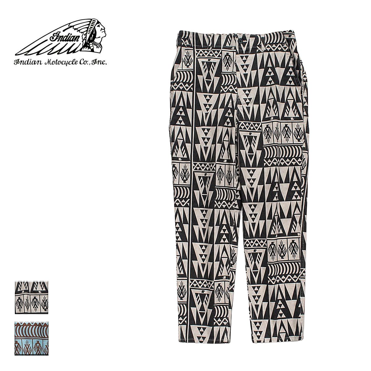 楽天BlueismIndian インディアン All over print new garage pants メンズ/レディース ブラック×アイボリー/ブラック×ターコイズ M-L【インディアンモトサイクル インディアンモーターサイクル ガレージパンツ パンツ ワークパンツ 柄パンツ 柄 総額 おしゃれ ブランド 黒白】