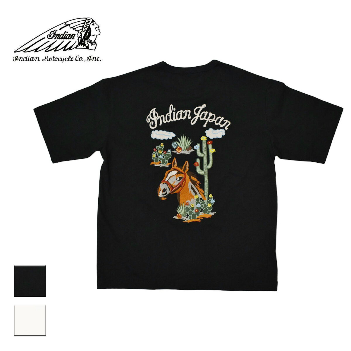 Rakuten - Indian インディアン SUKA TEE HORSE＆CACTUS メンズ/レディース ブラック/オフホワイト M-XL 【インディアンモトサイクル インディアンモーターサイクル Tシャツ 半袖 刺繍 スカジャン スカ 馬 サボテン おしゃれ ブランド ネイティブアメリカン 白 黒】