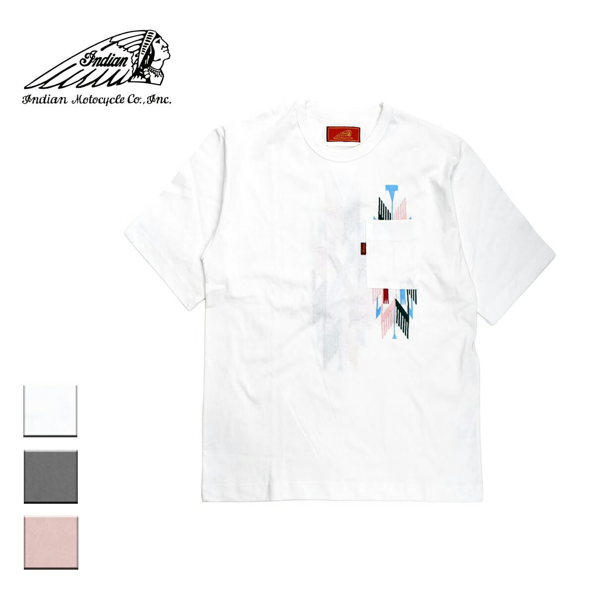 Rakuten - Indian インディアン Embroidery T-shirt CHIMAYO メンズ/レディース ホワイト/ブラック/ピンク M-XL 【インディアンモトサイクル インディアンモーターサイクル Tシャツ 半袖 半袖Tシャツ チマヨ 胸ポケット おしゃれ ブランド ネイティブアメリカン 白 黒 スミクロ】