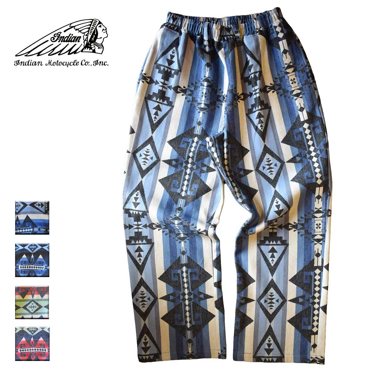 Rakuten - Indian インディアン NAVAJO JACQUARD WIDE PANTS メンズ/レディース ブルー/インディゴ/カーキ/ブラック M-L 【インディアンモトサイクル インディアンモーターサイクル イージーパンツ ワイドパンツ パンツ ナバホ ブランド ネイティブアメリカン 青 黒】