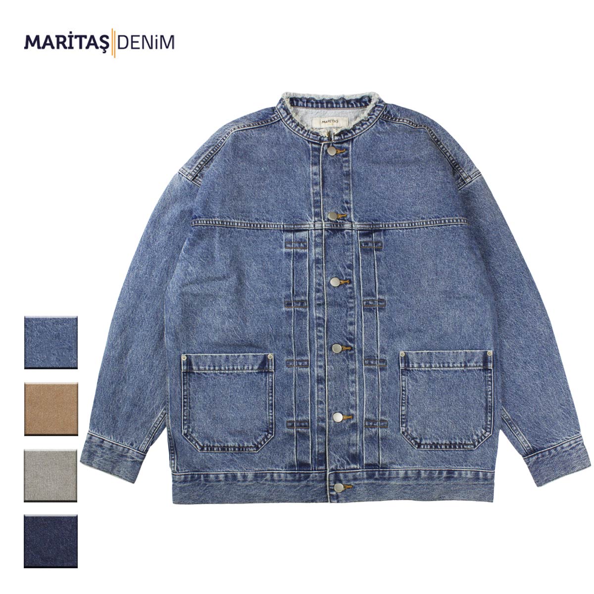 MARITAS DENIM マリタスデニム CARRIE レディース ブルー/ブラウン/グレー/ネイビー FREE MRD21324-01【デニムジャケット デニム ジャケット ノーカラージャケット ジーンズ アースカラー パステルカラー シンプル 無地 フリンジ おしゃれ ブランド 青 茶色】