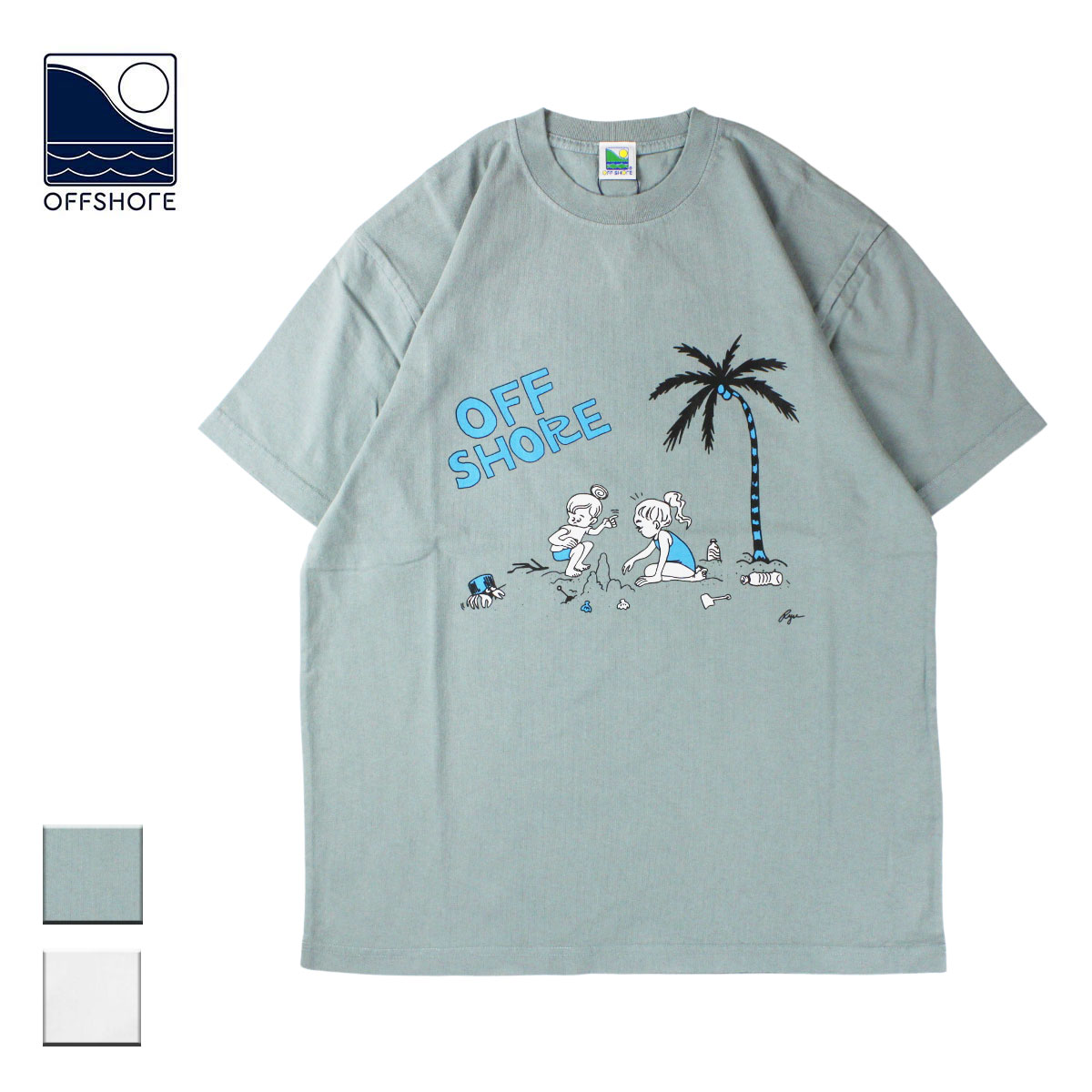 OFFSHORE オフショア OS×RYU AMBE TEE メンズ/レディース グリーン/オフホワイト S-XL OS22-2CS-014【Tシャツ 半袖 カットソー キャラクター イラスト プリント コラボ 浜辺 砂浜 ビーチ おしゃれ ブランド サーフ サーフブランド 緑 白】