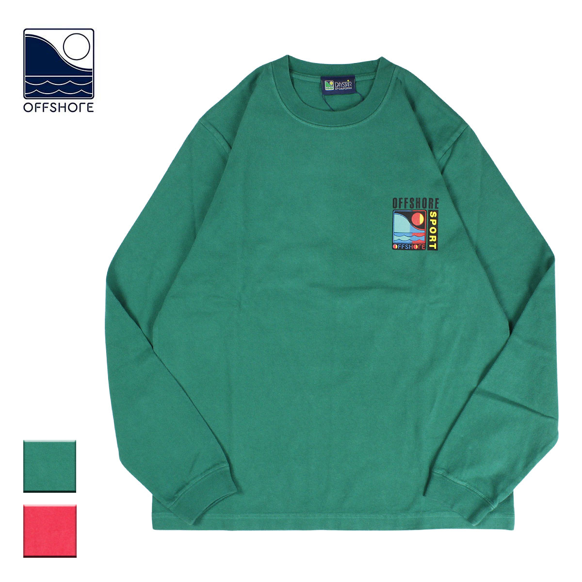 OFFSHORE オフショア DST SPORTSLOGO L/S メンズ/レディース グリーン/レッド S-XL OS22-2DS-004【Tシャツ 長袖 ロングTシャツ カットソー 70年代 80年代 90年代 ロゴ 胸ロゴ プリント スポーティー おしゃれ ブランド サーフ サーフブランド 緑 赤】