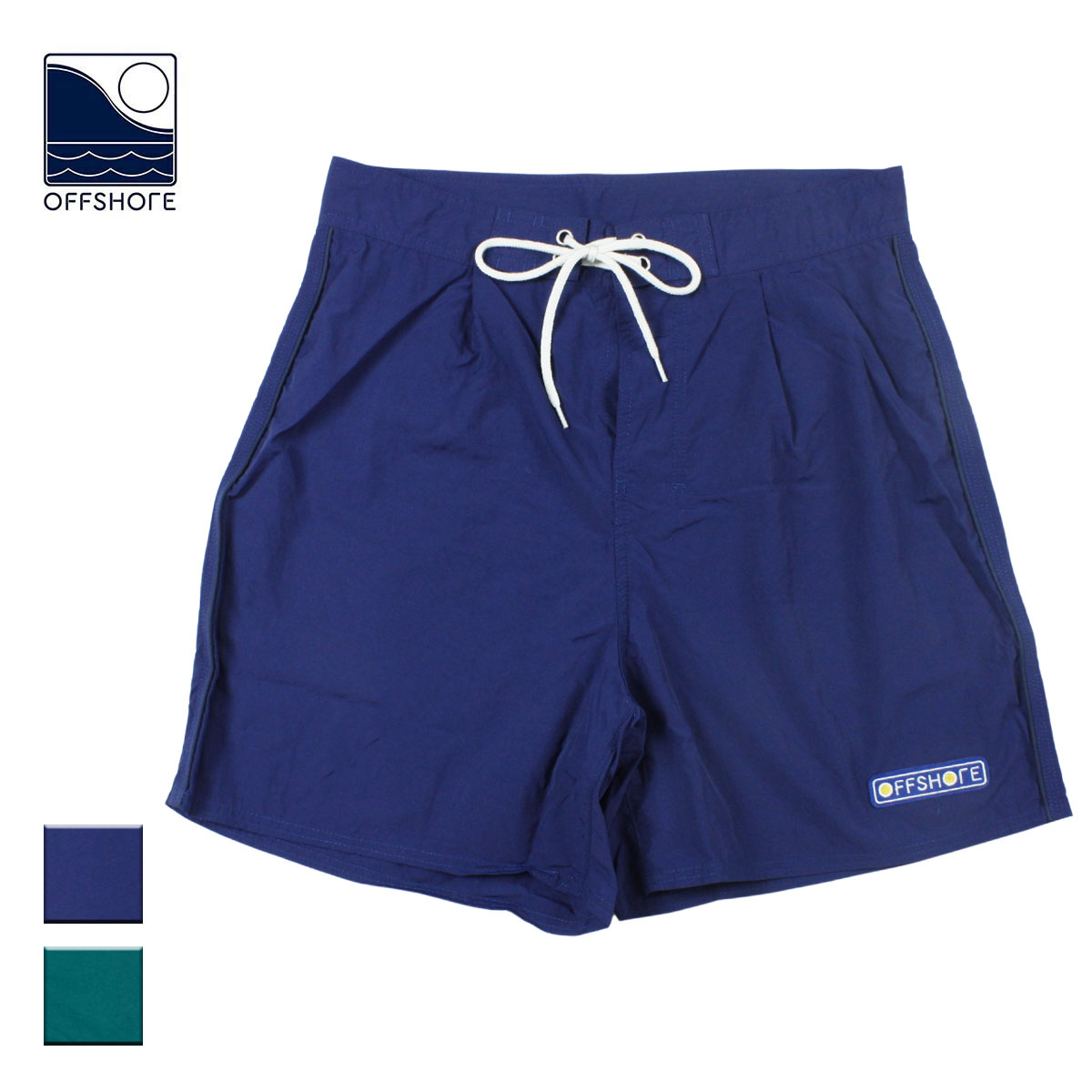 OFFSHORE オフショア SWIM SHORTS メンズ ネイビー/グリーン S-XL OS22-2PT-001 【パンツ ショーツ ボードショーツ スイムショーツ スイムパンツ 水着 トランクス 半ズボン 短パン 無地 ひざ丈 膝丈 紐 おしゃれ ブランド サーフ アウトドア サーフブランド 紺 緑】