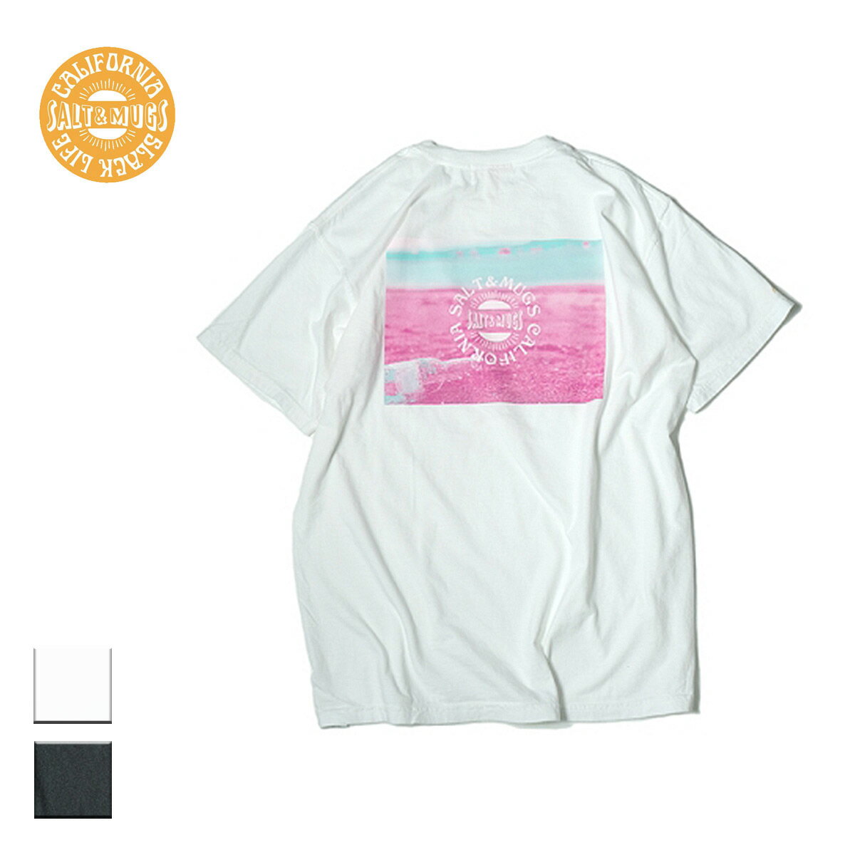 SALT&MUGS ソルトアンドマグス Morning sun S/S メンズ/レディース ホワイト/ブラック S-XL SM20-SS-007【Tシャツ 半袖 プリント 胸ロゴ バックプリント フォト フォトTシャツ フォトT 写真 カリフォルニア ロサンゼルス サーフ スケート おしゃれ ブランド 白 黒】