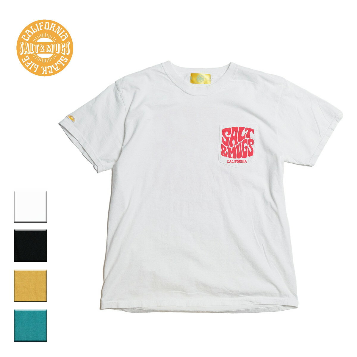 SALT MUGS ソルトアンドマグス Psyche Logo Pkt Tee メンズ/レディース ホワイト/ブラック/イエロー/グリーン M-XL SMSST038【Tシャツ 半袖 半袖Tシャツ ポケット 胸ポケット バックプリント カリフォルニア ロサンゼルス サーフ スケート おしゃれ ブランド 白 黒】