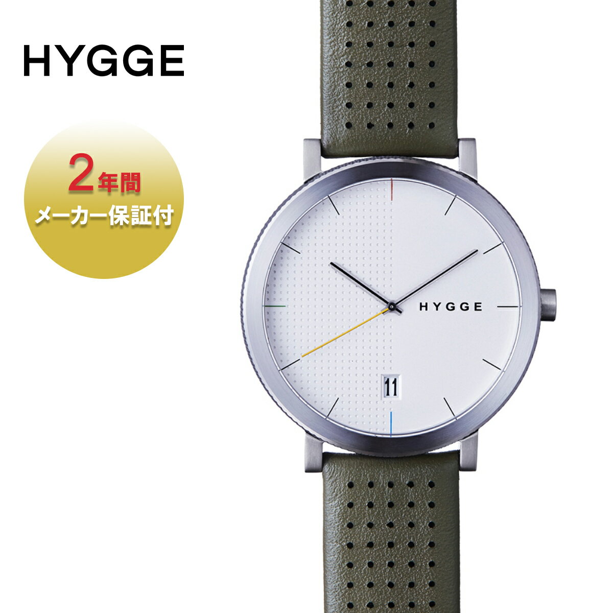 HYGGE ヒュッゲ MSL2203C(KA) メンズ/レディース シルバーXカーキ FREE HGE020064【腕時計 時計 北欧 イギリス 日本 日本製 丸型 アナログ カレンダー 防水 レザー レザーバンド 革 シンプル カジュアル プレゼント ギフト 誕生日 おしゃれ ブランド 緑】