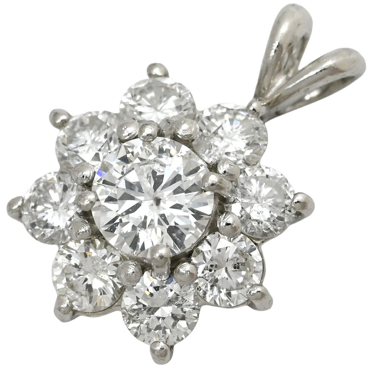 Rakuten - ペンダントトップ プラチナム ダイヤ 1.0ct プラチナシルバー Pt900 フラワーモチーフ クラスター V字金具 【中古】
