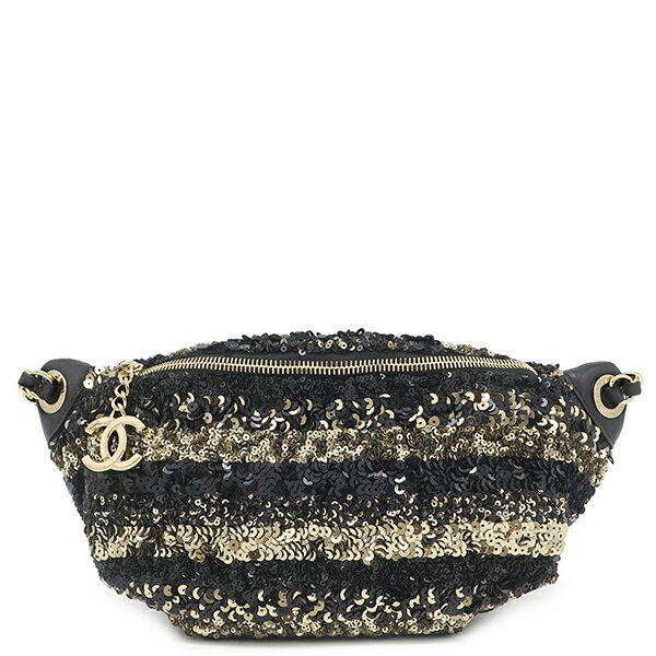 Rakuten - シャネル CHANEL ウエストバッグ スパンコール ボディバッグ スパンコール レザー ブラック×ゴールド ガンメタル金具 黒 ベルトバッグ ココマーク 26****** 【保存袋】 【中古】