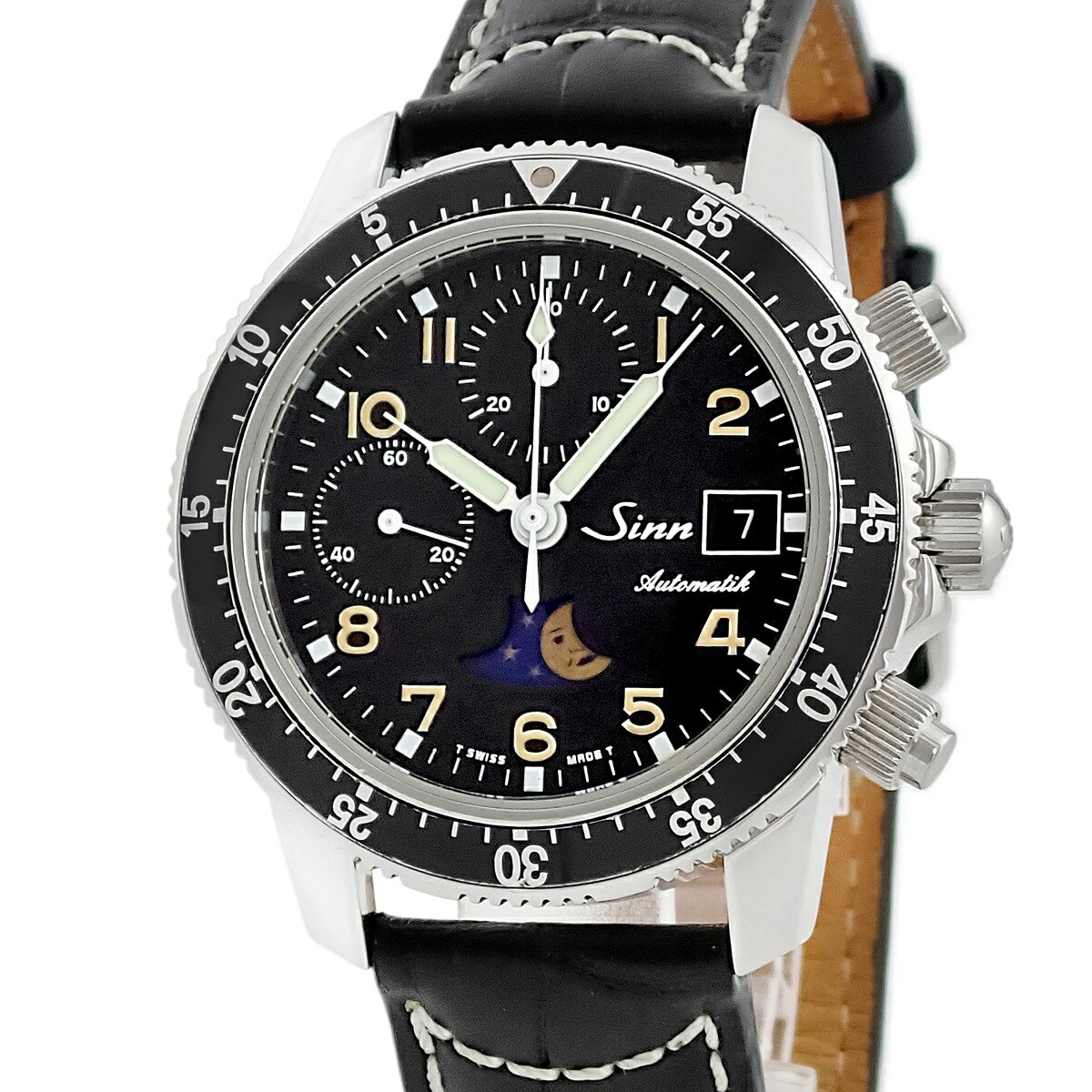 ジン SINN 103 ムーンフェイズ クロノグラフ 103.B.SA.MOND メーカーOH済 ブラック デイト 回転ベゼル メンズ 腕時計自動巻き ブラック 【中古】