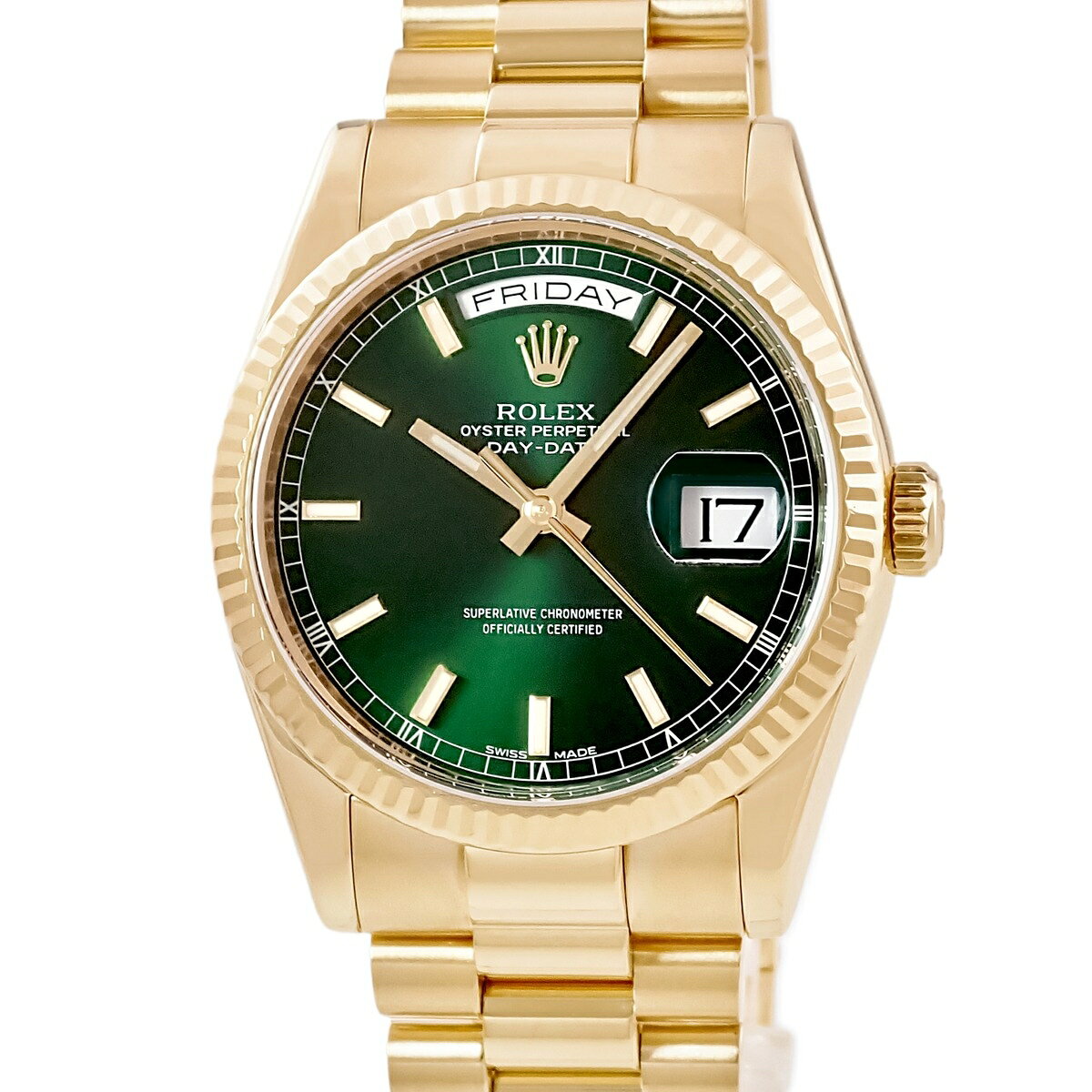 ロレックス ROLEX デイデイト 36 118238 メーカーOH済 G番 K18YG無垢 グリーン フルーテッドベゼル メンズ 腕時計自動巻き グリーン 【中古】
