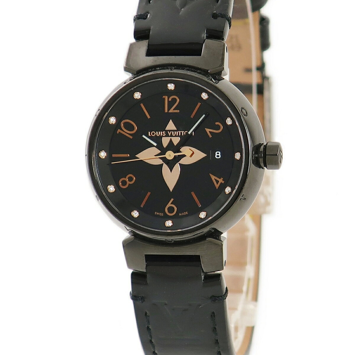 ルイヴィトン 腕時計（レディース） ルイヴィトン タンブール オールブラック PM QA047 黒 純正12Pダイヤ クオーツ