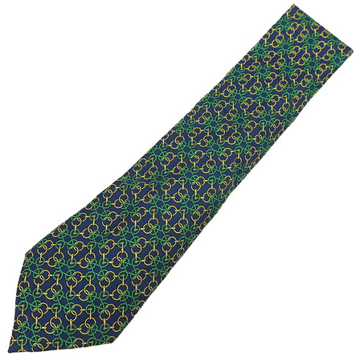 エルメス ネクタイ ロープ金具柄 9cm シルク マルチカラー 紺 緑 黄色 中古 エルメス ネクタイ ロープ金具柄 9cm シルク マルチカラー 紺 緑 黄色 中古