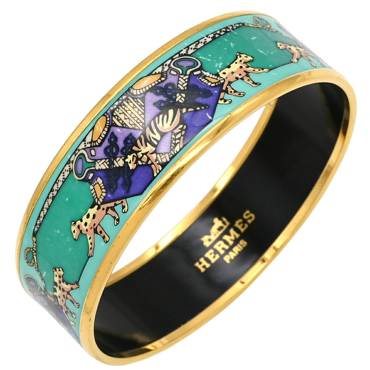 エルメス バングル エマイユ GM グリーン アニマル柄 ヒョウ トラ 中古