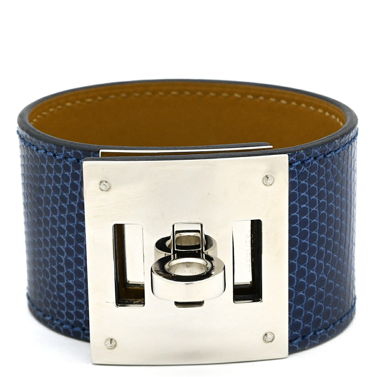 エルメス バングル ケリードッグ リザード ブルー ブレスレット 大型メタルバックル 中古