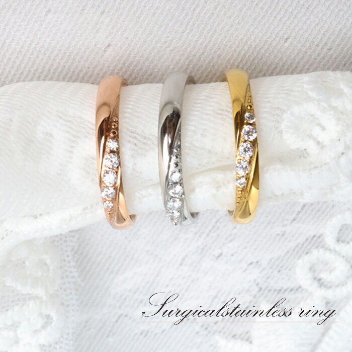 ＼8/9(金) 24H限定 半額SALE／リング 指輪 甲丸 3mm CZダイヤ 内甲丸 サージカルステンレス SUS316 キュービックジルコニア ペアリング エタニティ マリッジリング ジュエリー レディース 女性 キラキラ k18コーティング ニッケルフリー 重ね付け 2way アクセサリー
